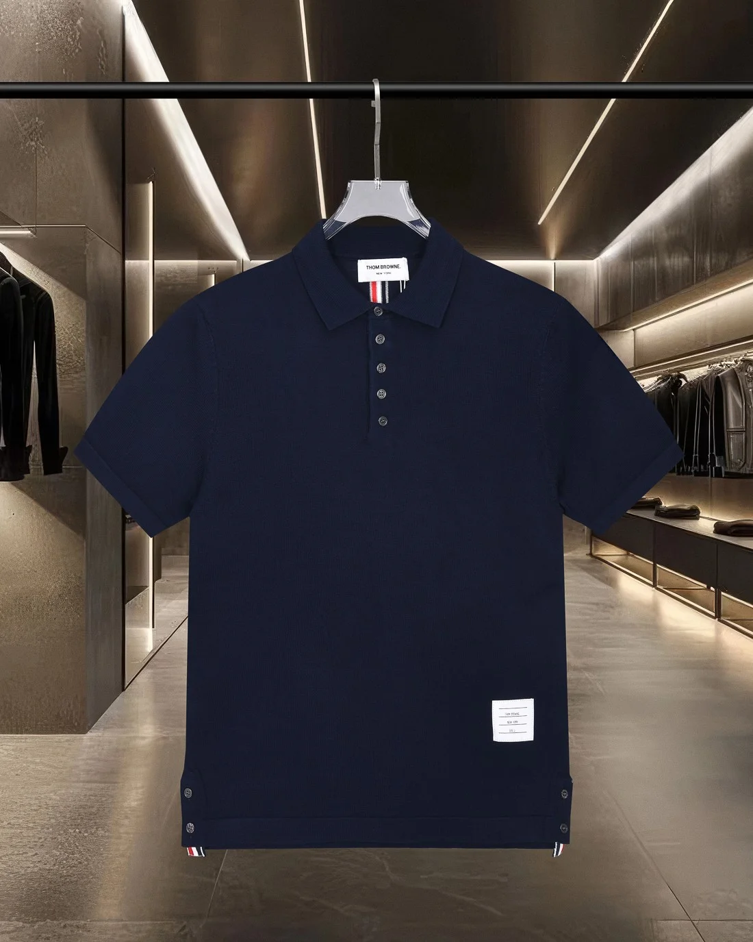 Thom Browne 2025SS Navy Color-Block Four-Bar Logo-Button Polo