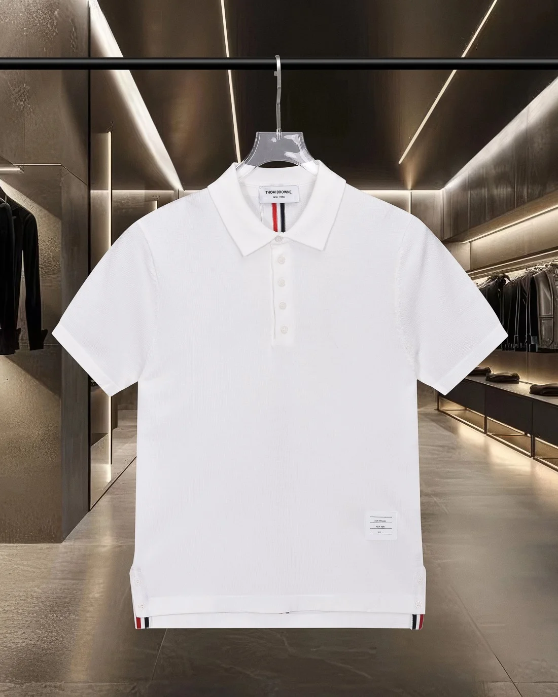 Thom Browne 2025SS White Contrast Four-Bar Logo-Button Polo T-Shirt