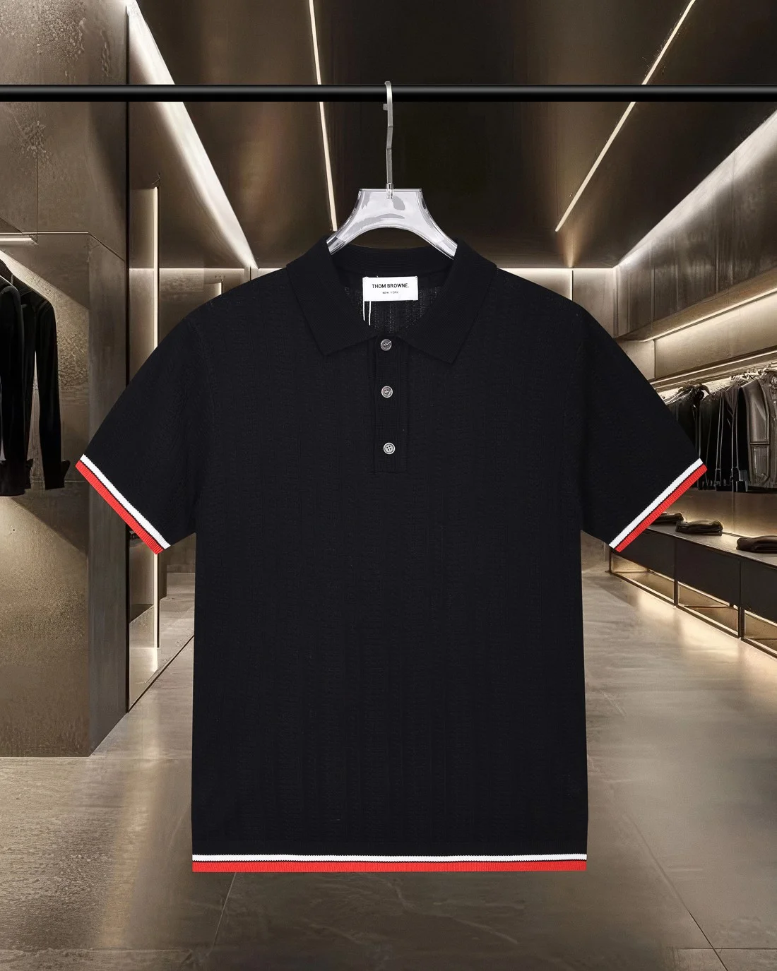 Thom Browne 2025SS Black Red-White Stripe Logo-Button Knit Polo