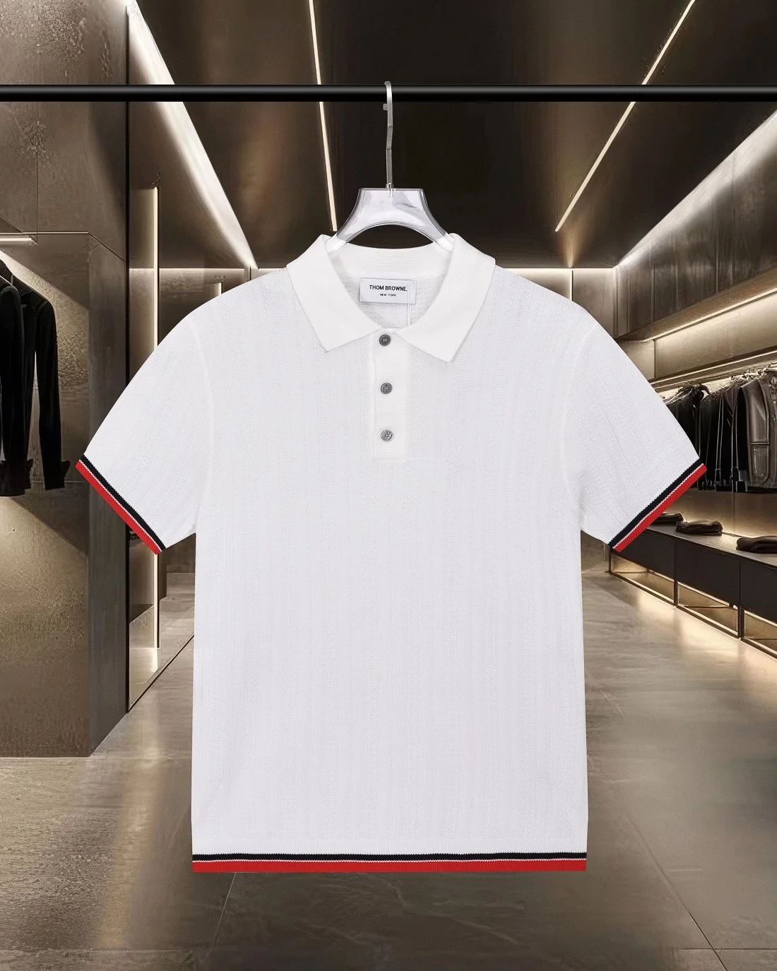 Thom Browne 2025SS White Contrast-Stripe Logo-Button Knit Polo