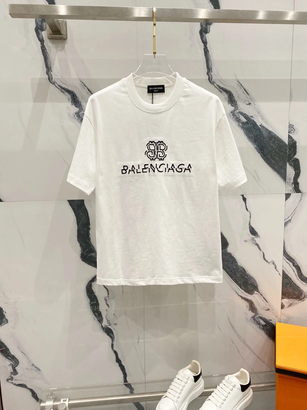 Balenciaga White Misplaced Embroidery BB Logo Crew Neck T-Shirt