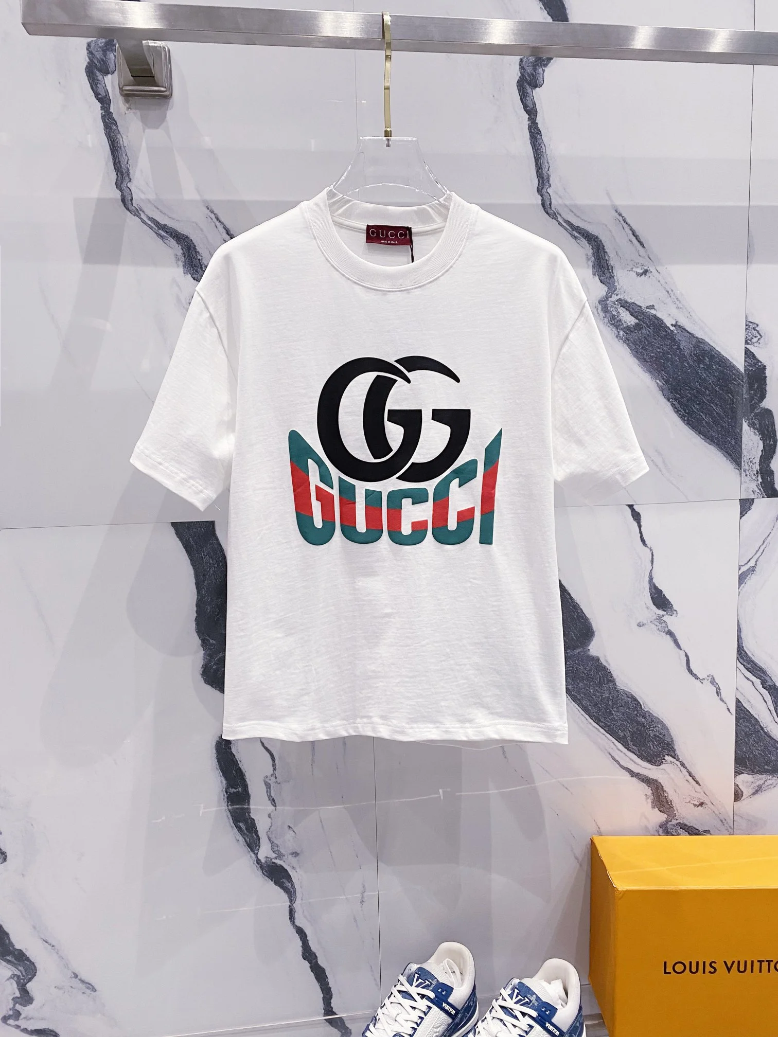 Gucci White/Black Big Letter Red-Green Print GG Logo T-Shirt
