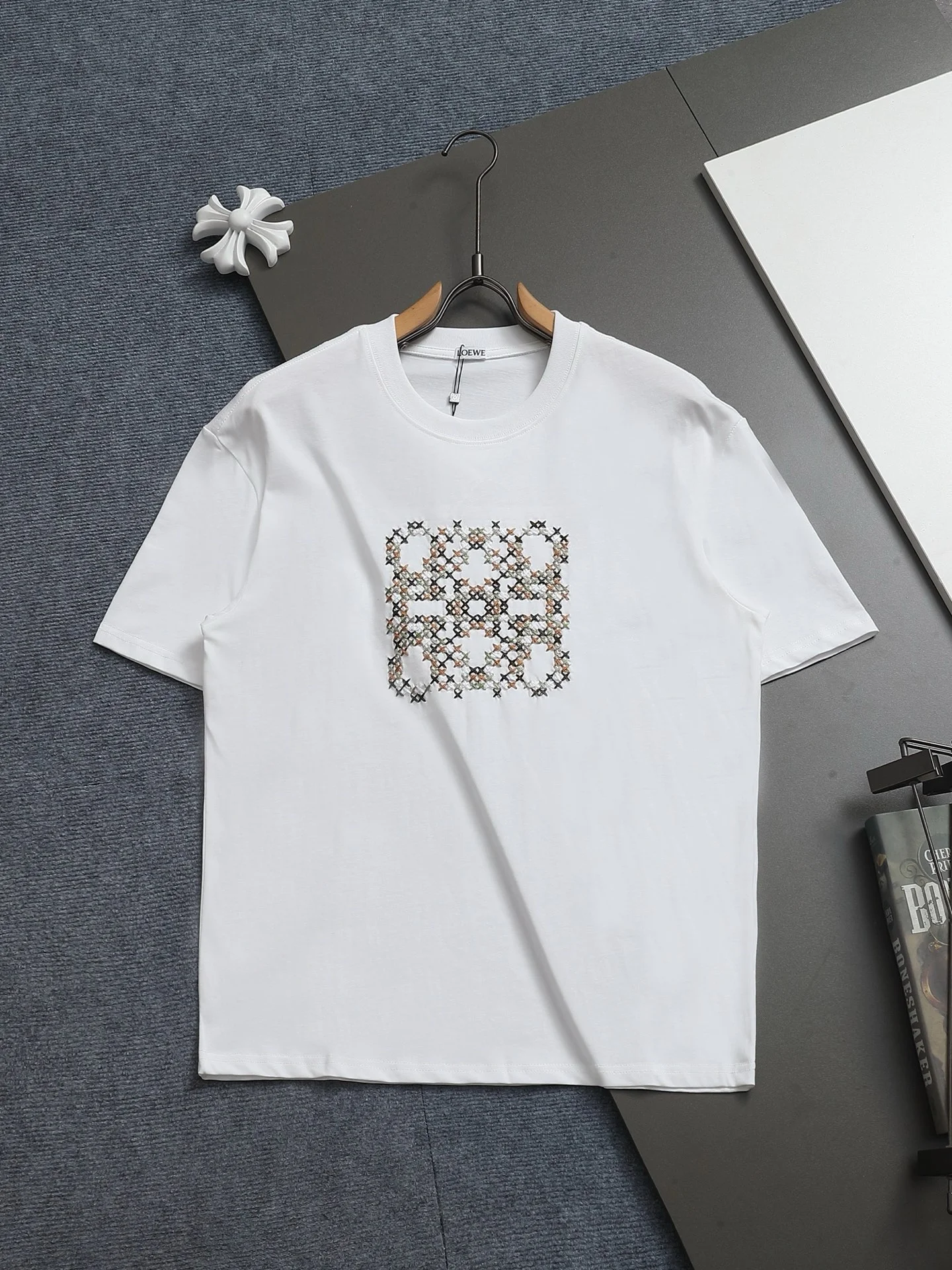Loewe 25SS White Classic Logo Color-Block Embroidery Slightly Wide T-Shirt