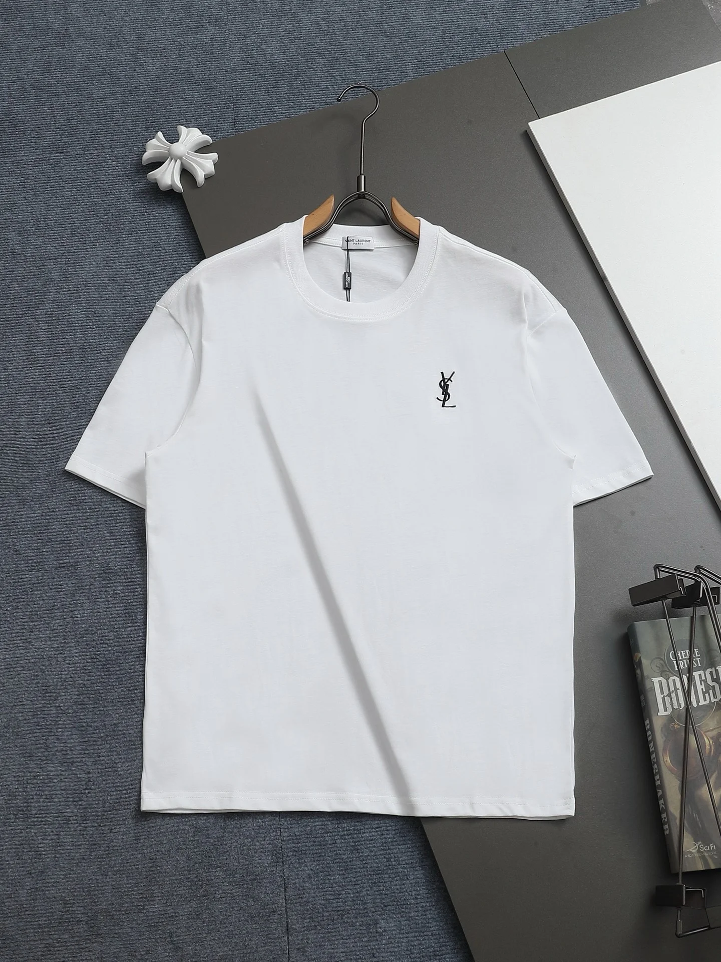 Saint Laurent White Classic Logo Embroidery Loose Crew Neck T-Shirt