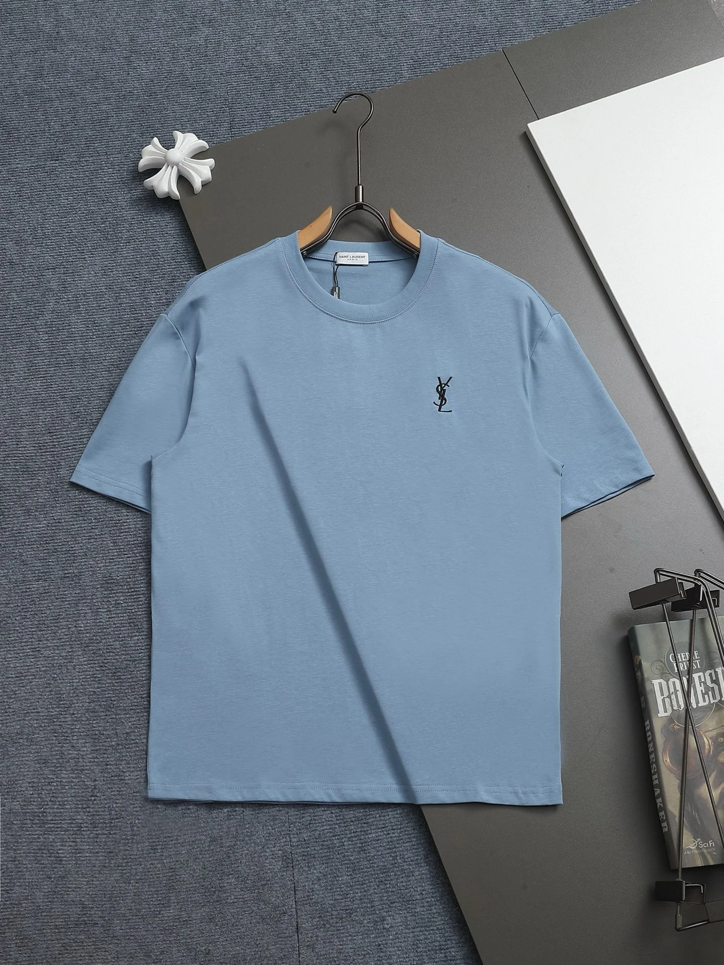 Saint Laurent Haze Blue Classic Logo Embroidery Slightly Wide T-Shirt