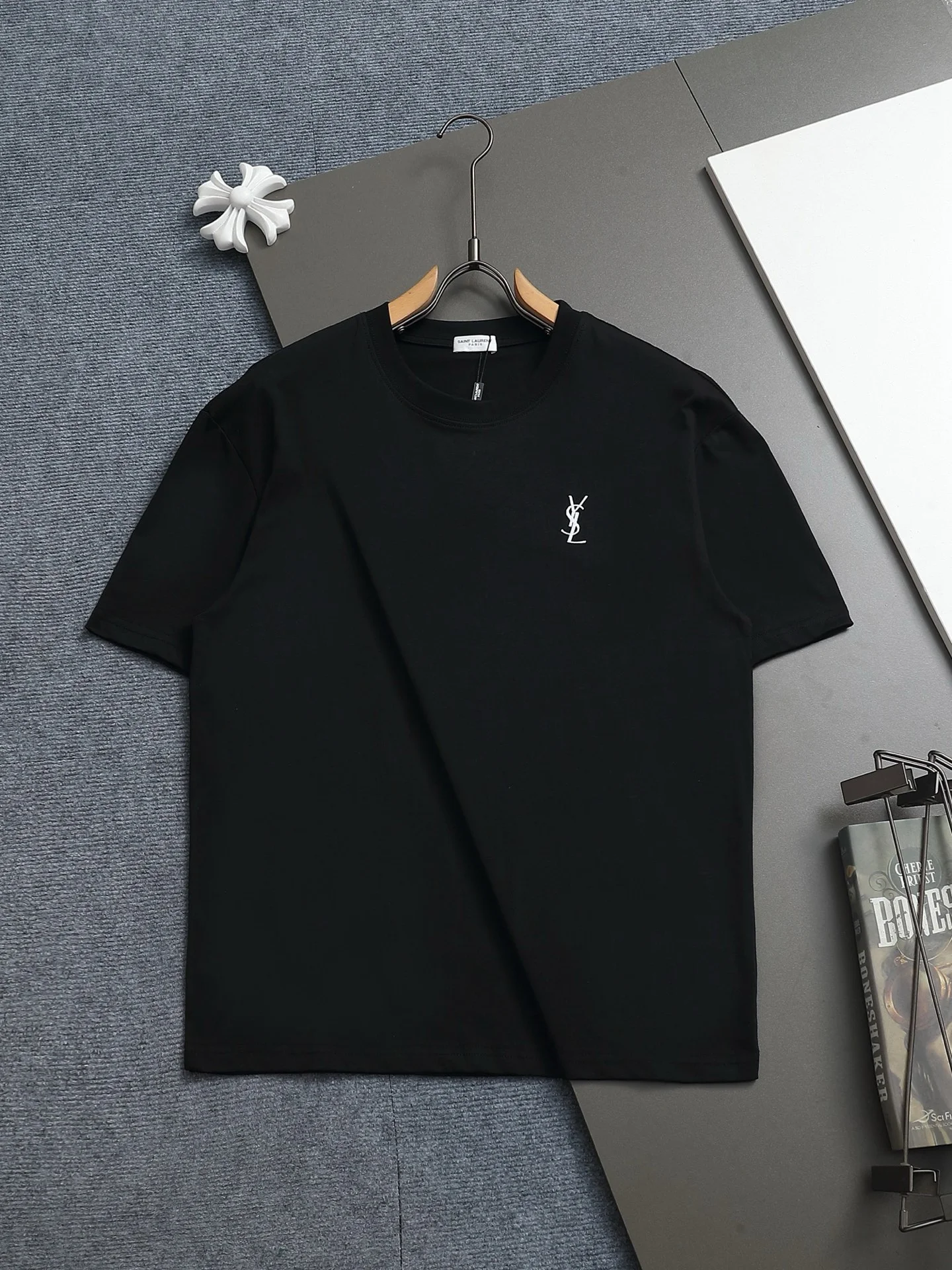 Saint Laurent Black Classic Logo Embroidery Slightly Oversized T-Shirt