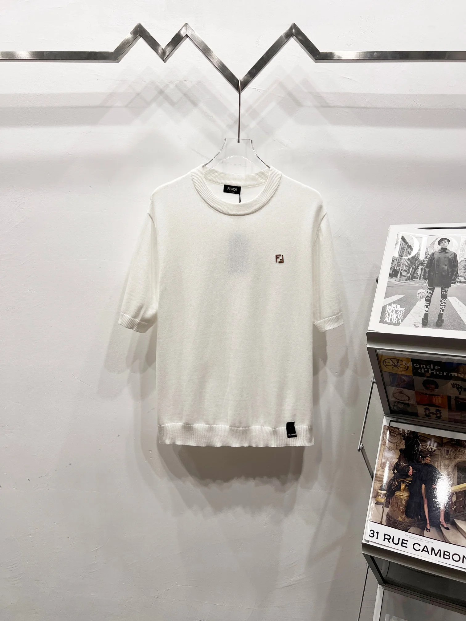 Fendi 2025 Summer White FF Logo Knitted Crew Neck T-Shirt