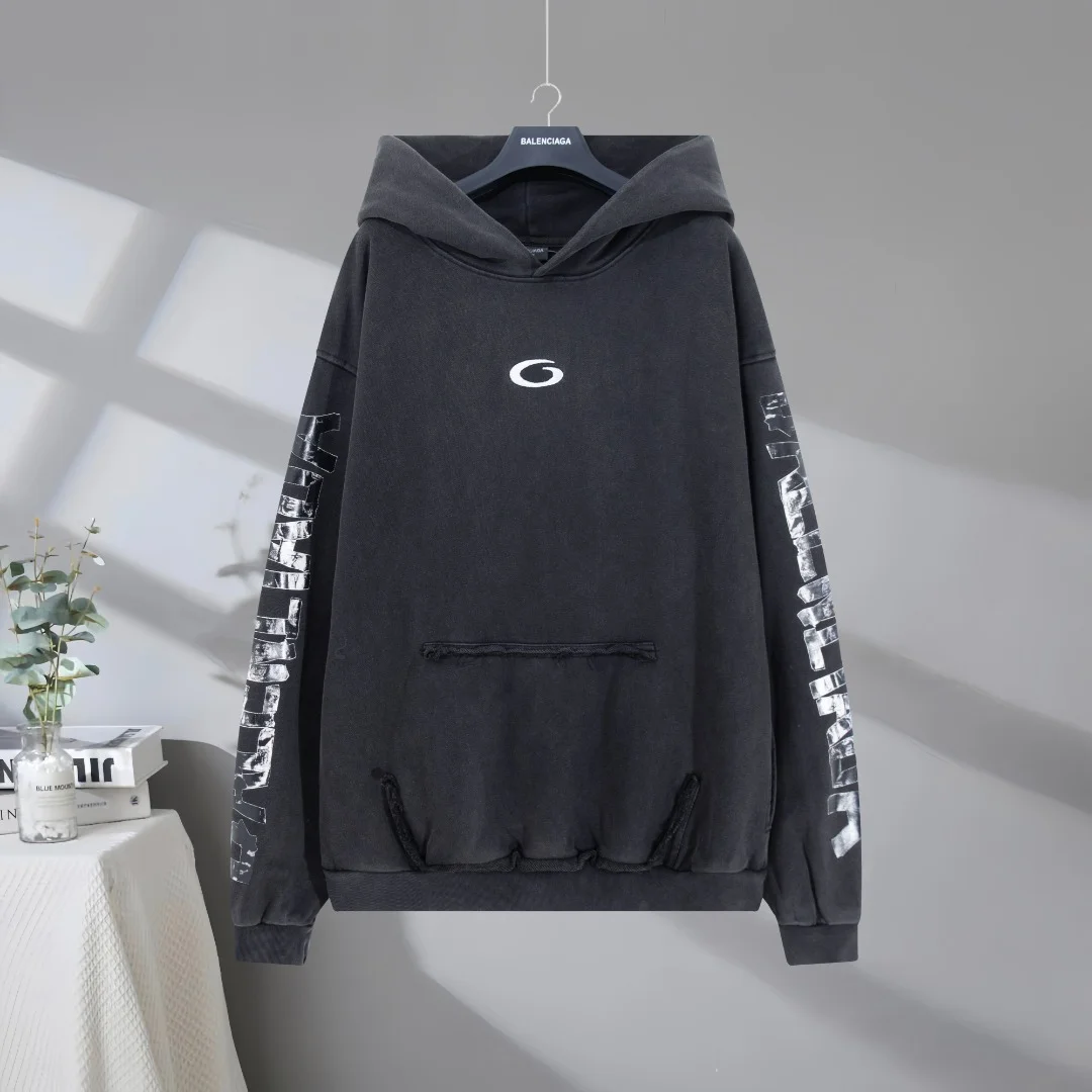 Balenciaga 2025SS Washed Black Distressed Hoodie with Circular Logo & Tape Print