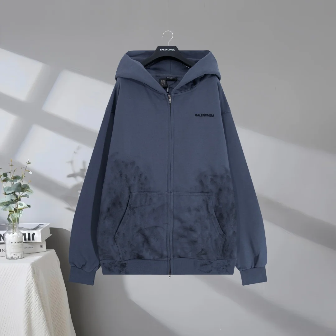 Balenciaga 2025SS Deep Blue Graffiti Embroidered Hooded Zip-Up Sweatshirt