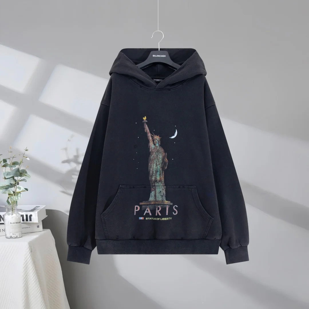 Balenciaga 2025SS Washed Black Statue of Liberty Print Hooded Sweatshirt