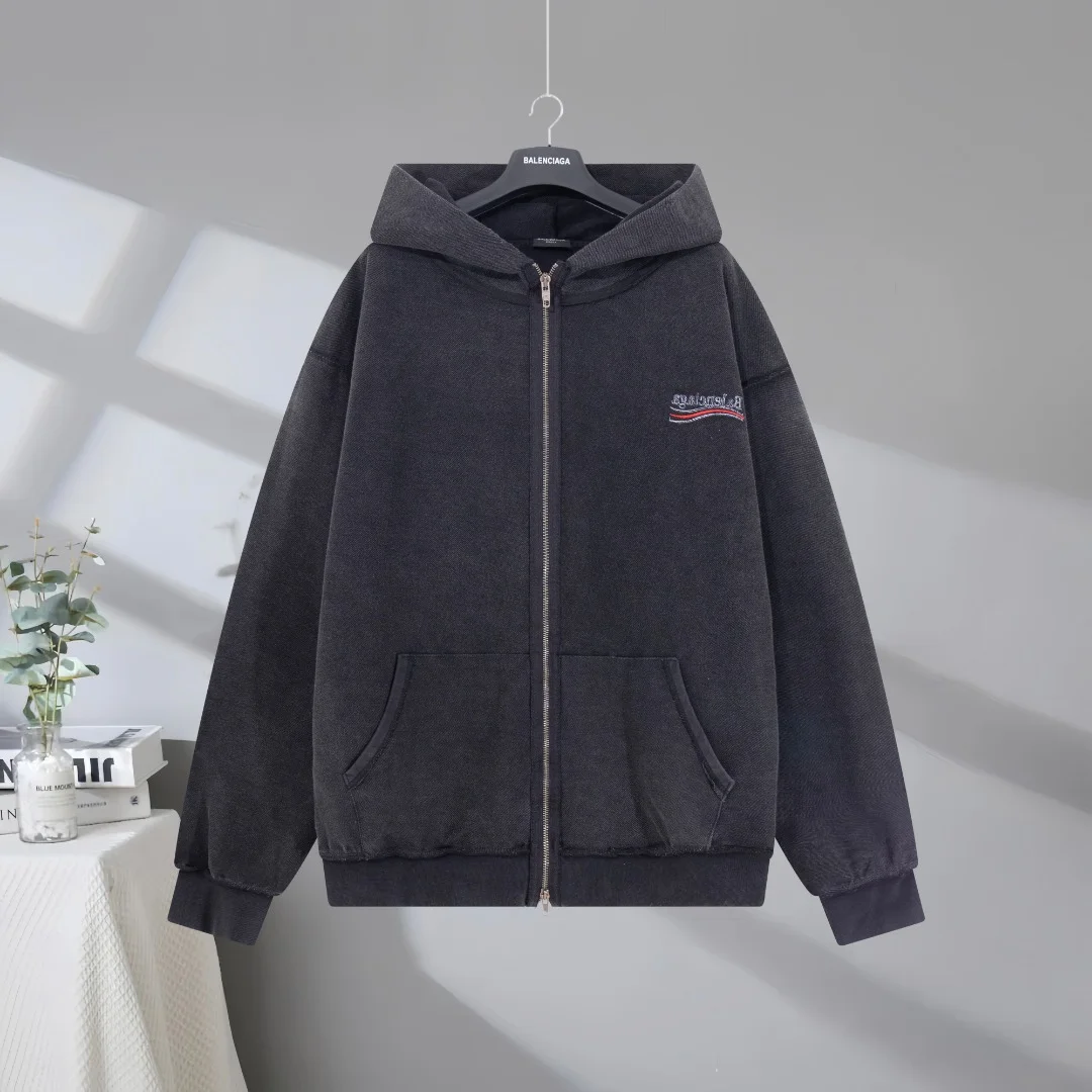 Balenciaga 2025SS Washed Black Distressed Zip-Up Hoodie with Cola Logo