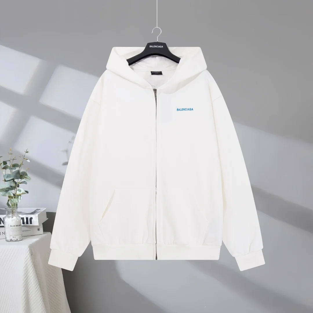Balenciaga 2025SS White Embroidered Logo Zip-Up Hooded Sweatshirt