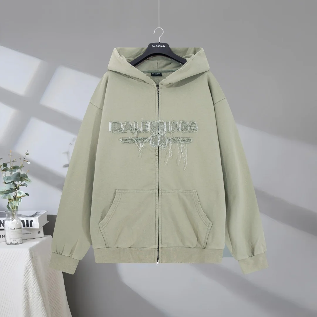 Balenciaga 2025SS Light Green Distressed Appliqué Hooded Zip-Up Sweatshirt