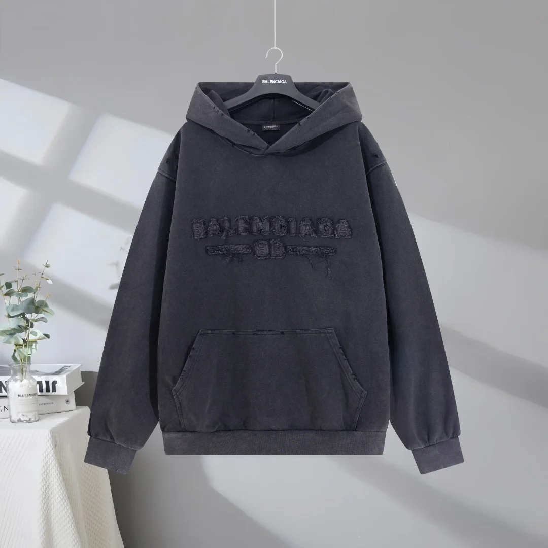 Balenciaga 2025SS Washed Black Distressed Patch Embroidered Hoodie