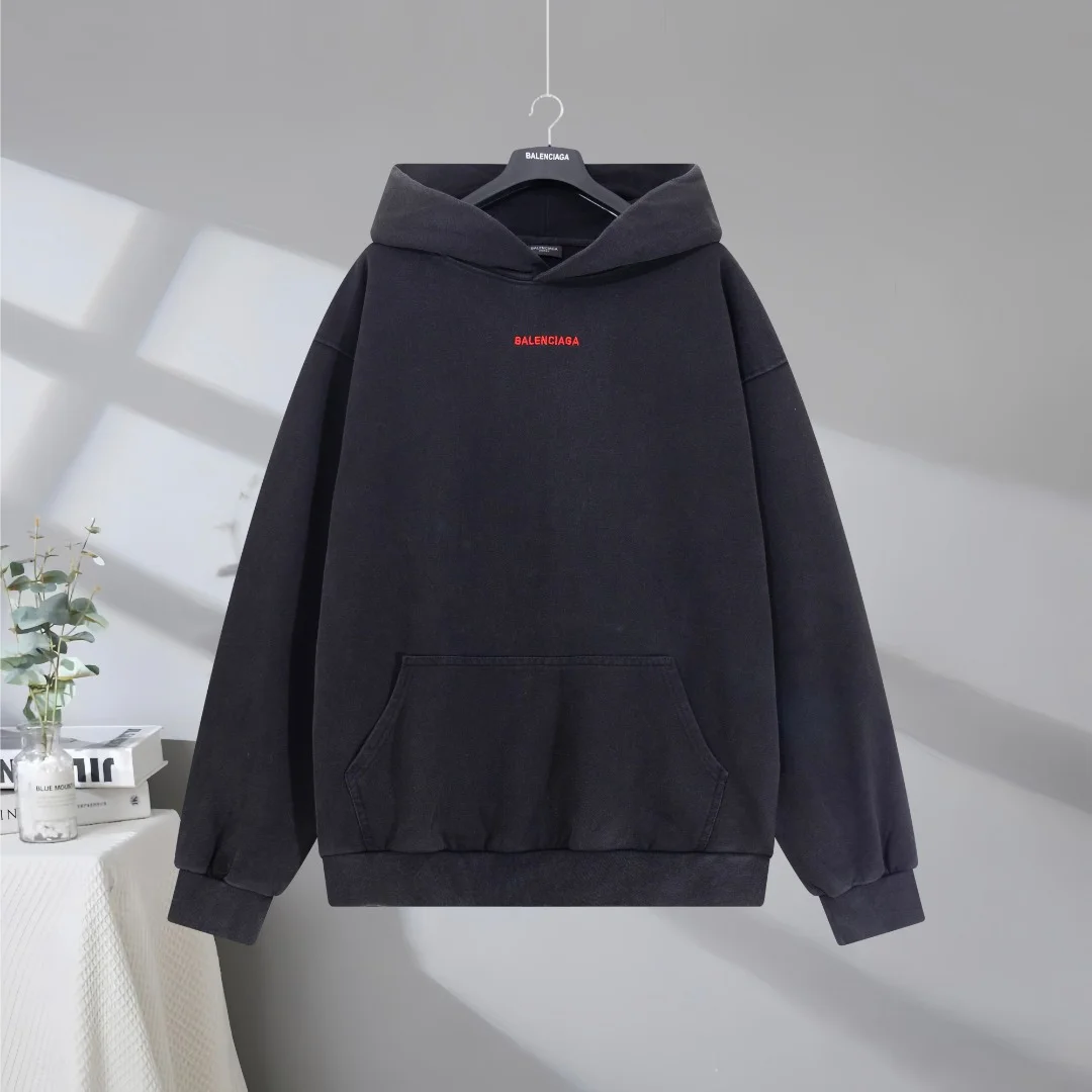 Balenciaga 2025SS Washed Black Distressed Hoodie with Embroidered Logo