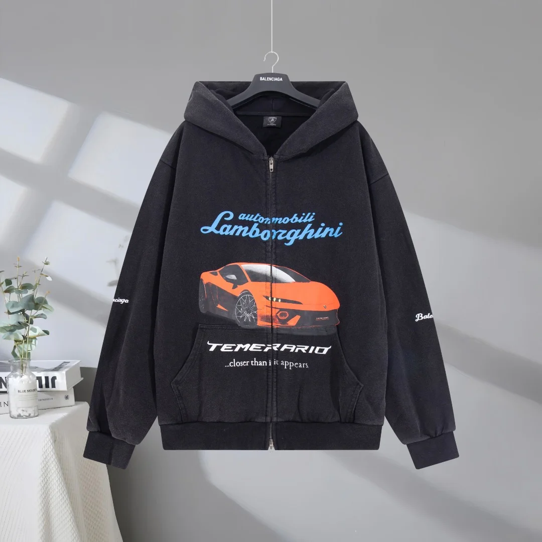 Balenciaga 2025SS x Lamborghini Washed Black Zip-Up Hoodie with Car Print