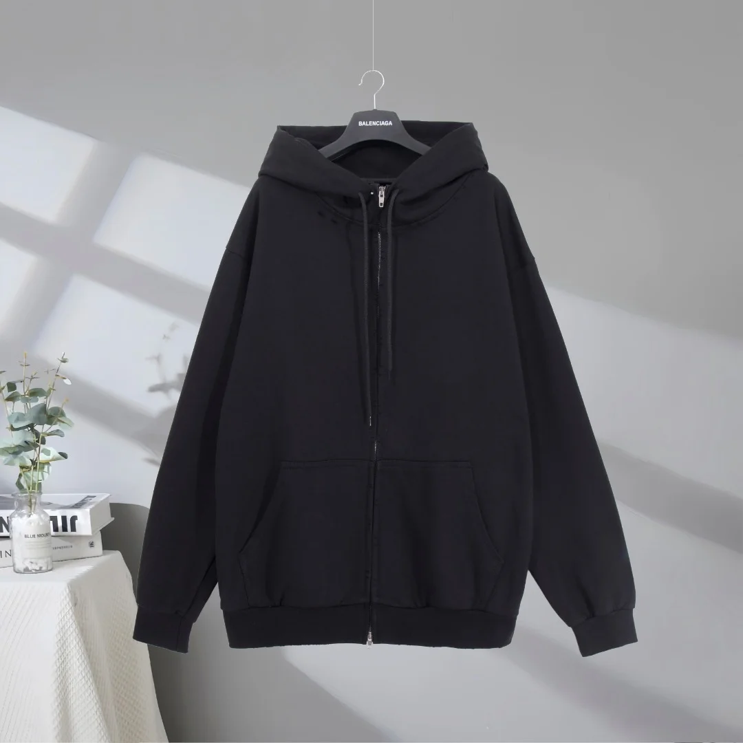 Balenciaga 2025SS Black Distressed Zip-Up Hoodie