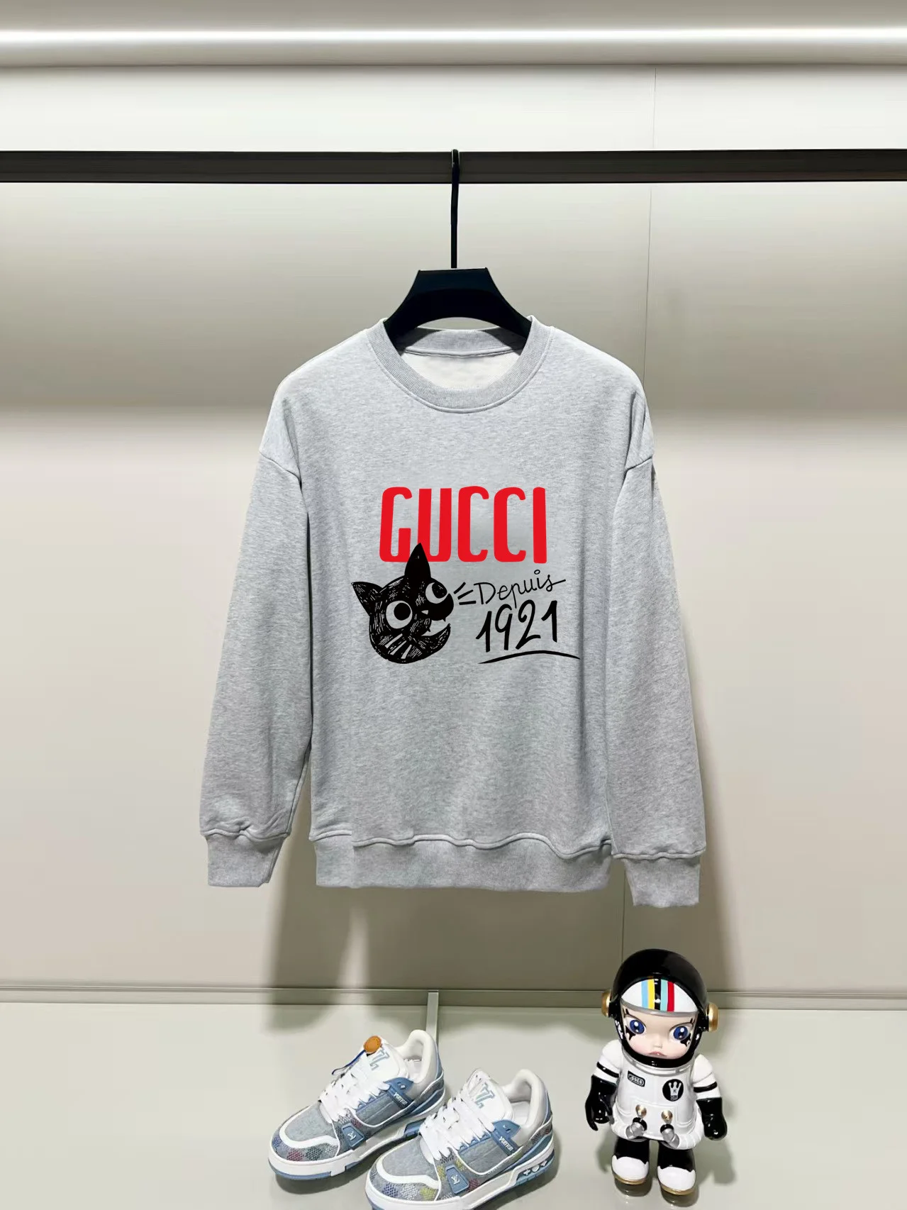 Gucci 2025AW Gray Crew-Neck Sweatshirt with Double-Strand Cotton Twill