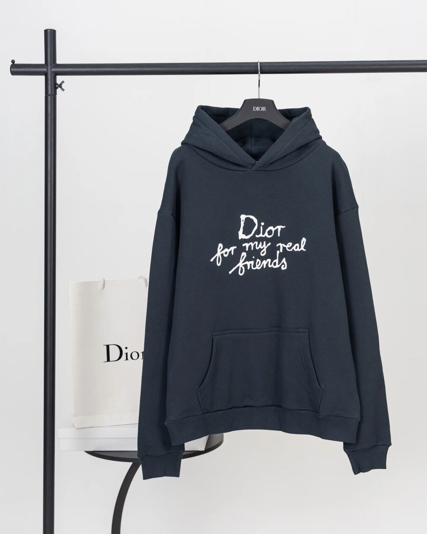 Dior Blue "Dior For My Real Friends" Embroidery Hoodie with Kangaroo Pocket