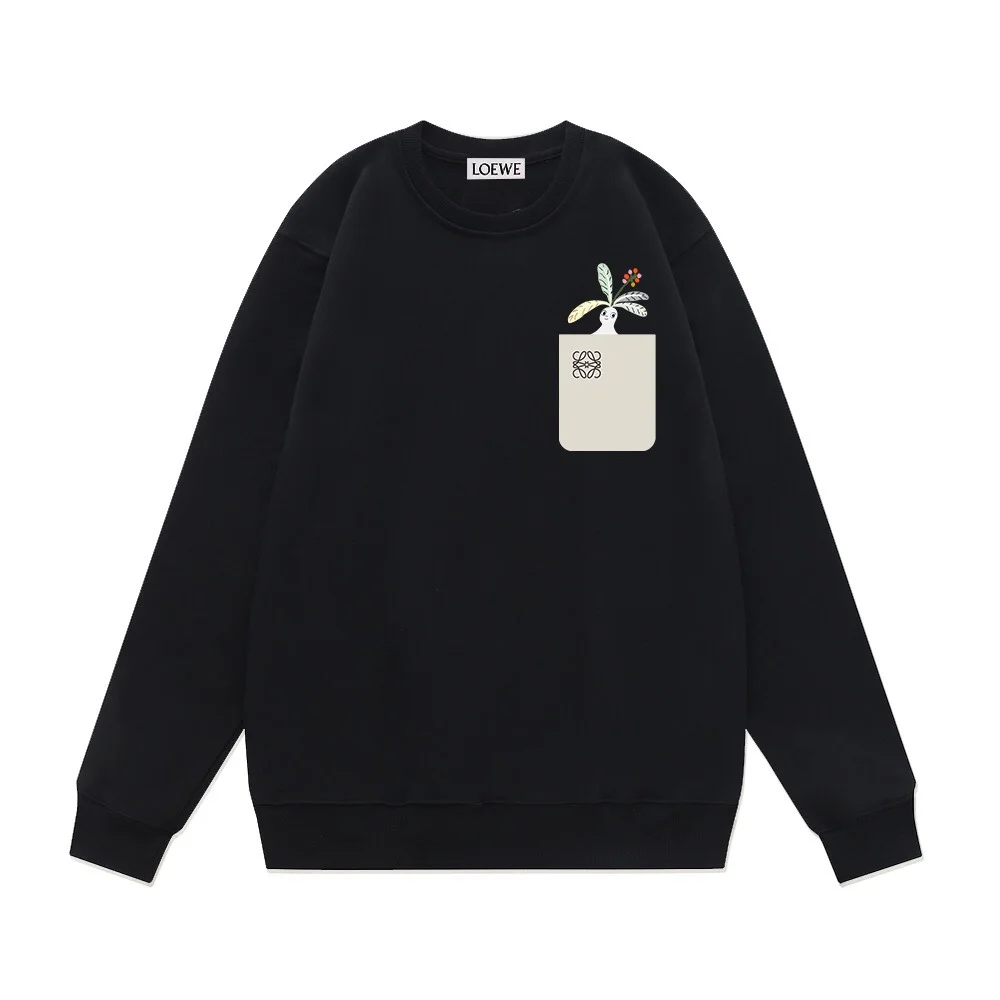 Loewe Black FW Crew Neck Sweatshirt with Fake Pocket & Floral Pattern