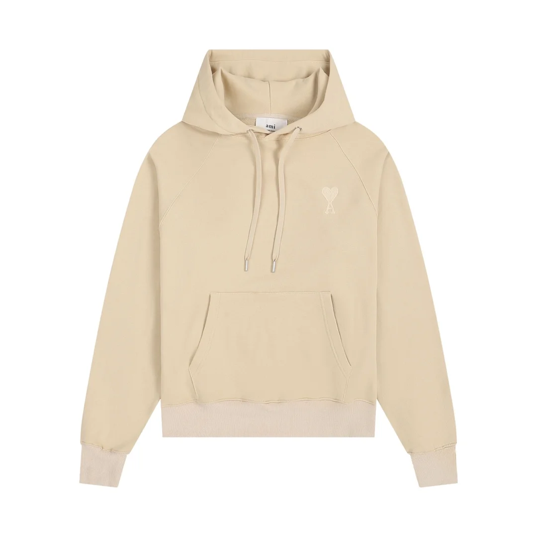Ami Beige Terry Embroidered Heart A Logo Raglan Sleeve Hoodie
