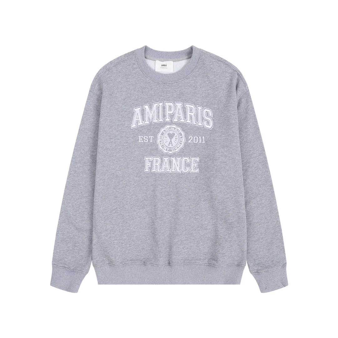 Ami 2025 Anniversary Gray Crew-Neck Sweatshirt with Full-Embroidery Letter Badge