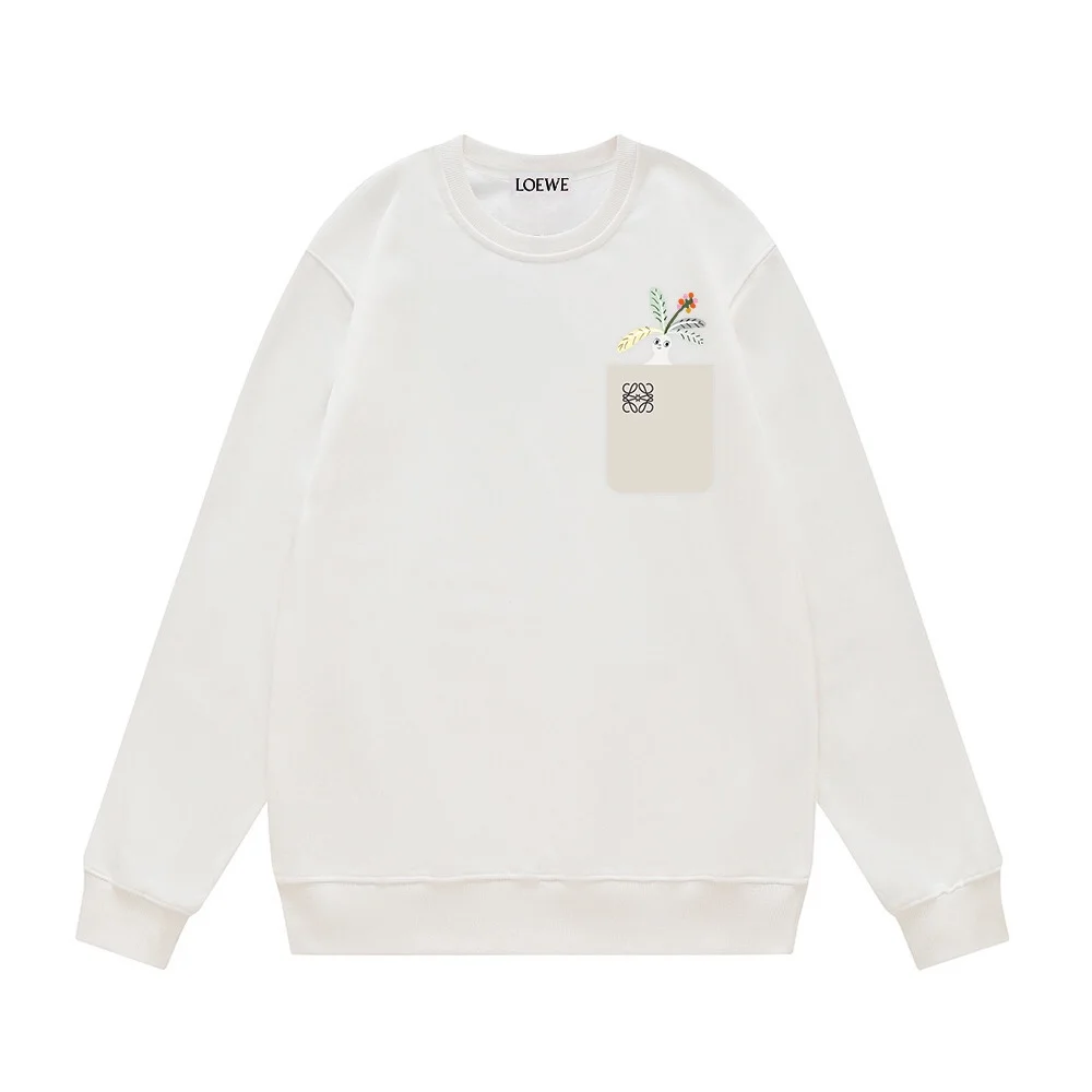 Loewe FW White Crewneck Sweatshirt with Fake Pocket & Floral Pattern