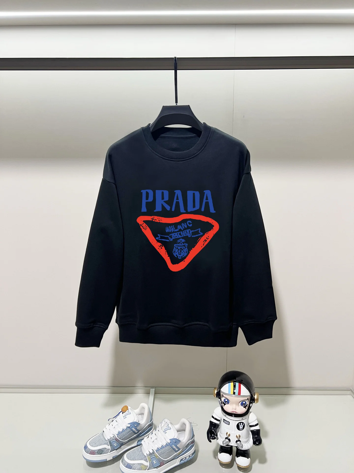 Prada 2025AW Black Crewneck Sweatshirt with Precision Printing