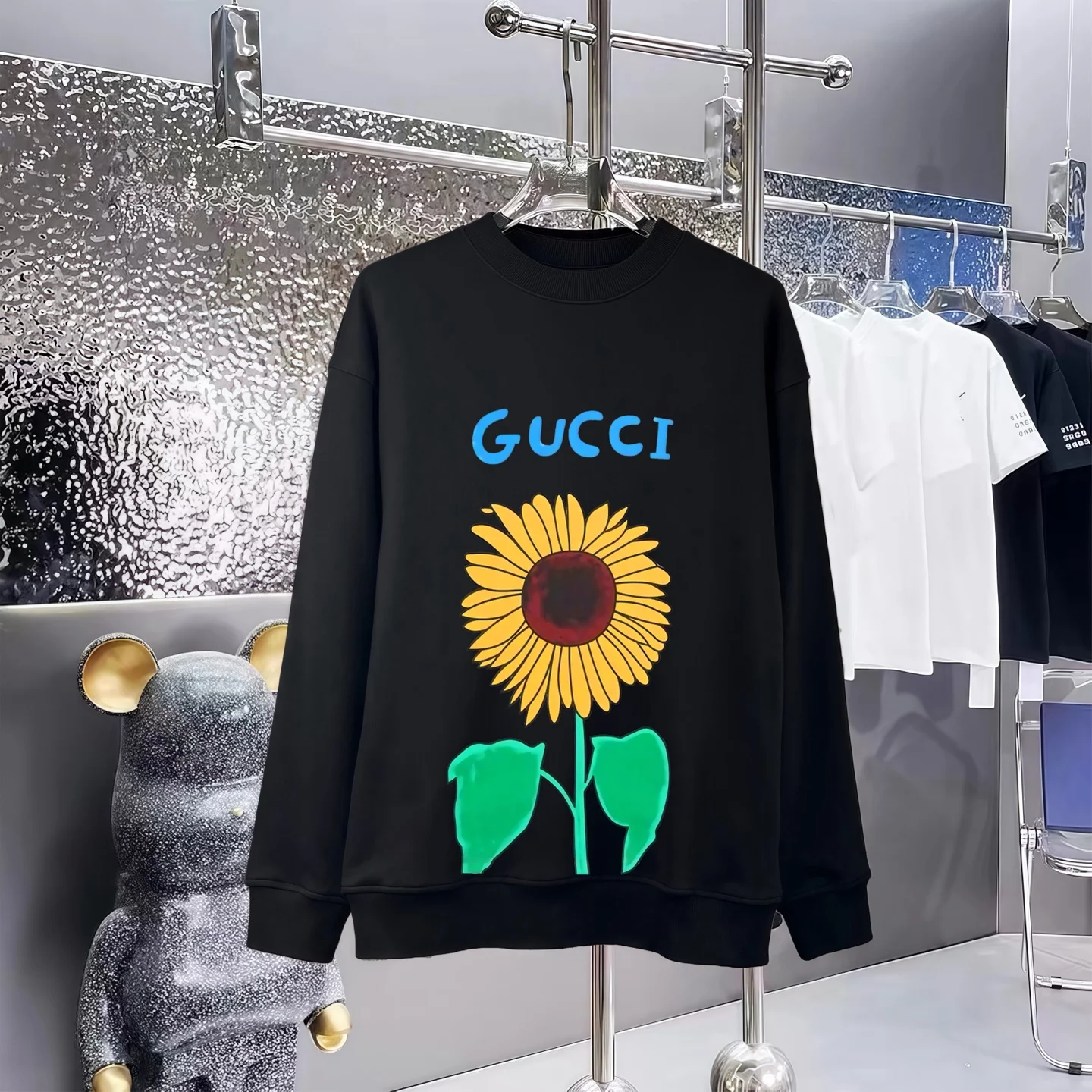Gucci Black Crew Neck Sweatshirt with Sunflower Print