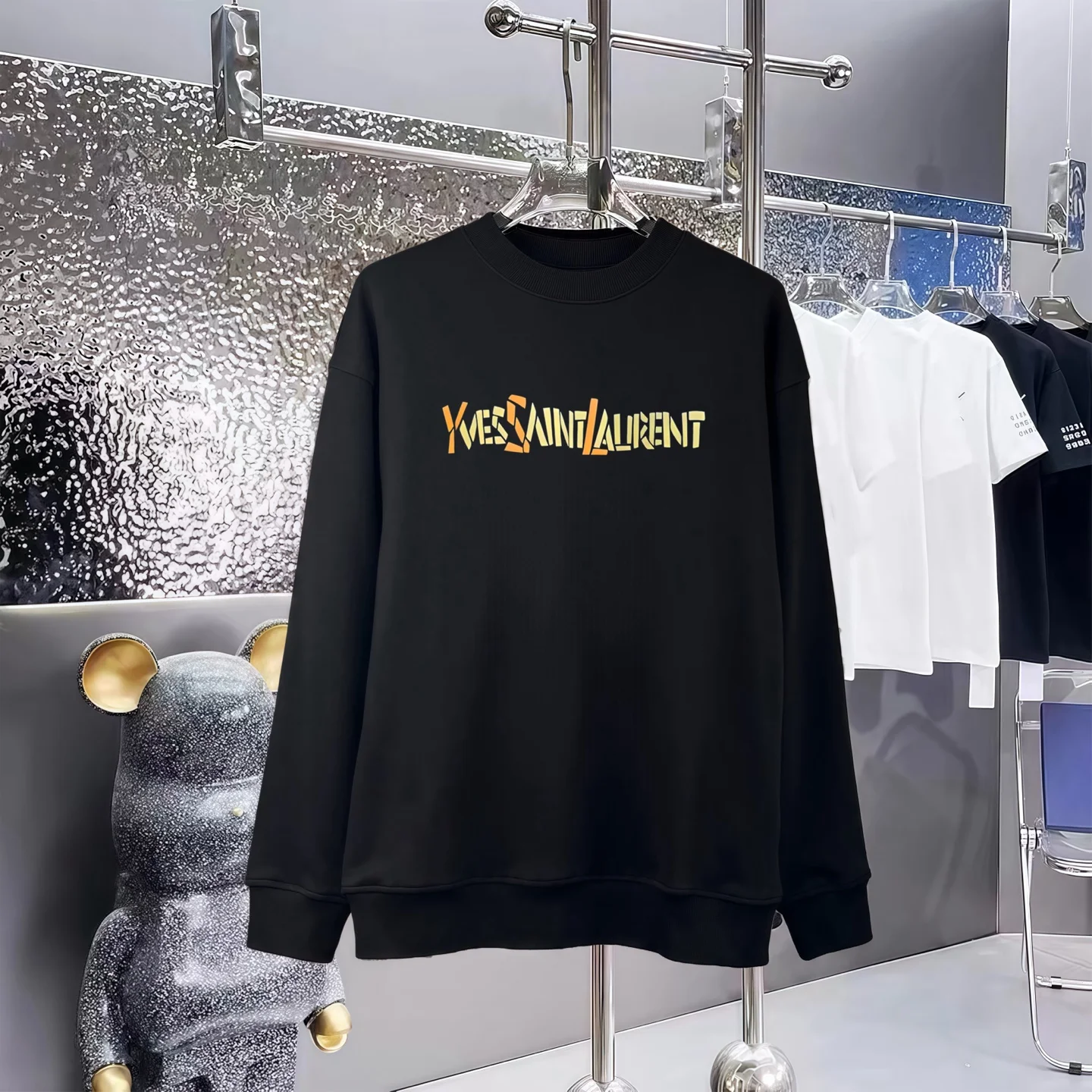 Yves Saint Laurent Black Crew Neck Sweatshirt with Logo Print