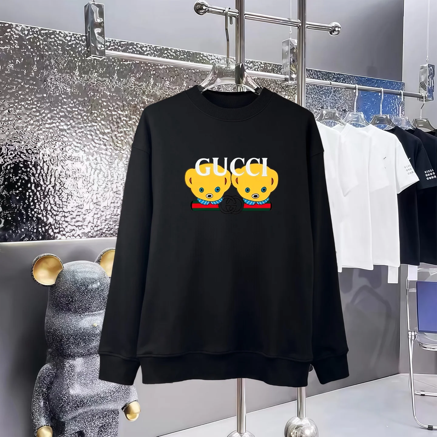 Gucci Black Crew Neck Sweatshirt with Double Teddy Bear & Logo Print
