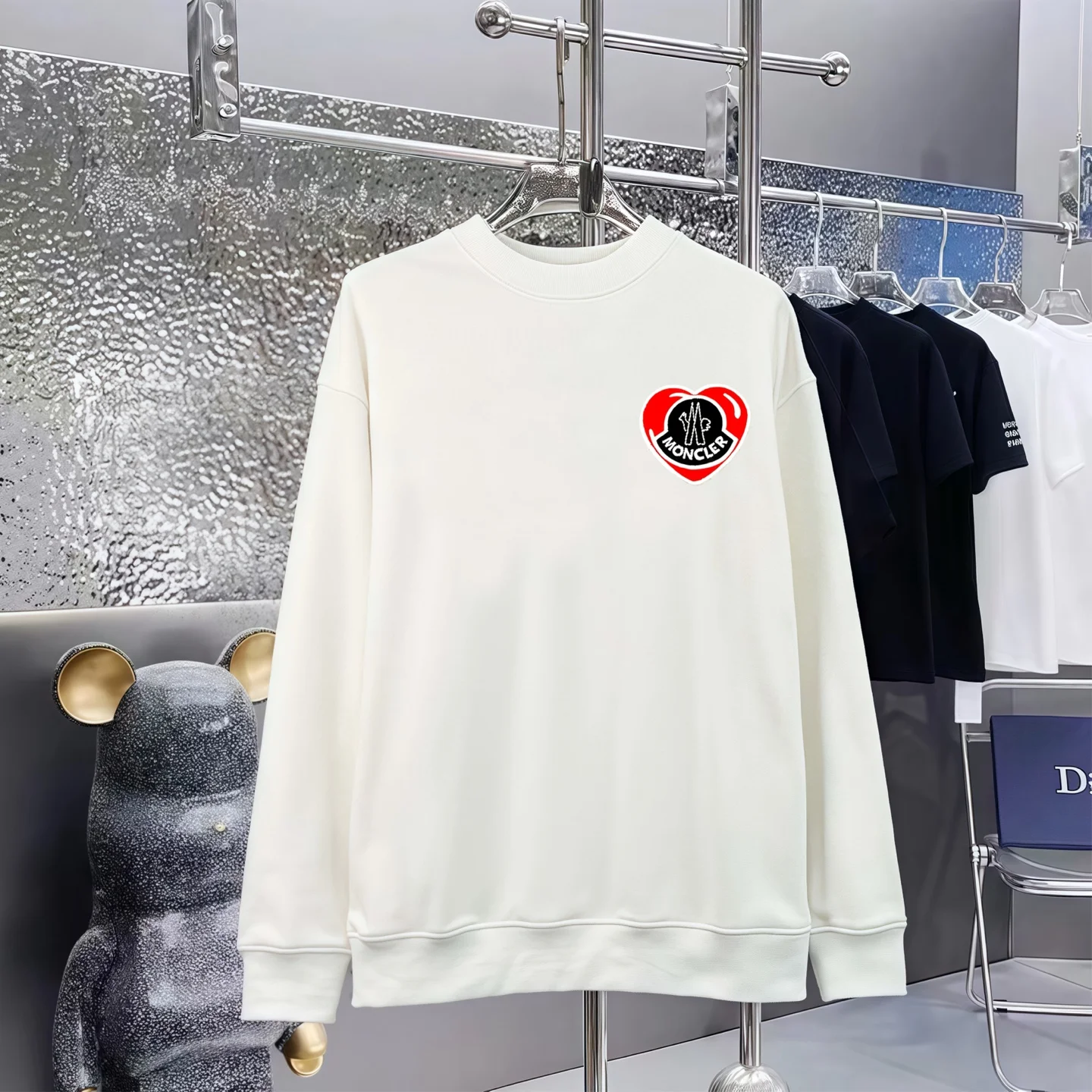 Moncler White Crew-Neck Sweatshirt with Heart Print