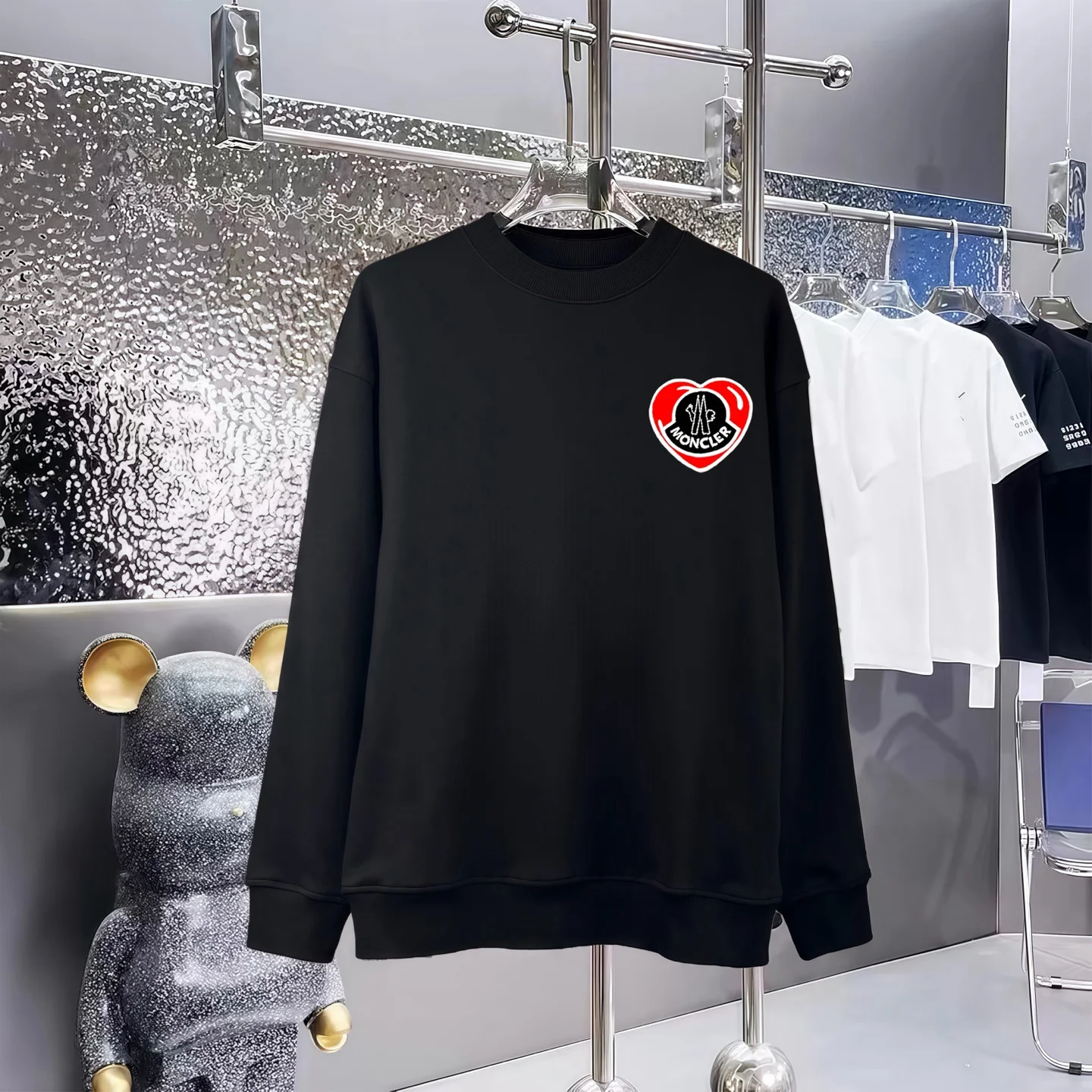 Moncler Black Crew Neck Sweatshirt with Heart Logo Print