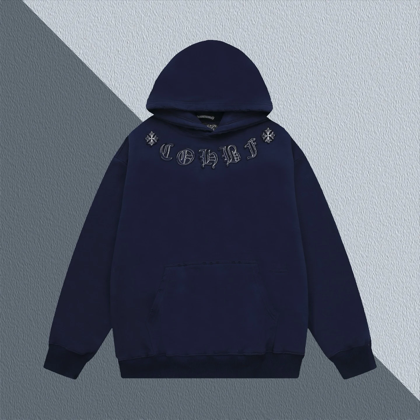 Chrome Hearts Dark Blue Embroidered Logo Cross Hoodie Unisex Pullover