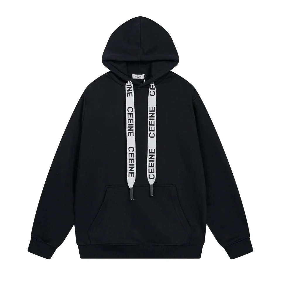 Celine 2022 FW Black Terry Hoodie with Large Letter Print & Kangaroo Pocket