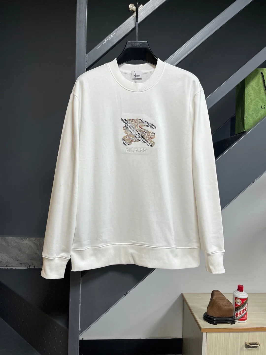 Burberry White Crew-Neck Sweatshirt with Classic Knight Emblem Embroidery