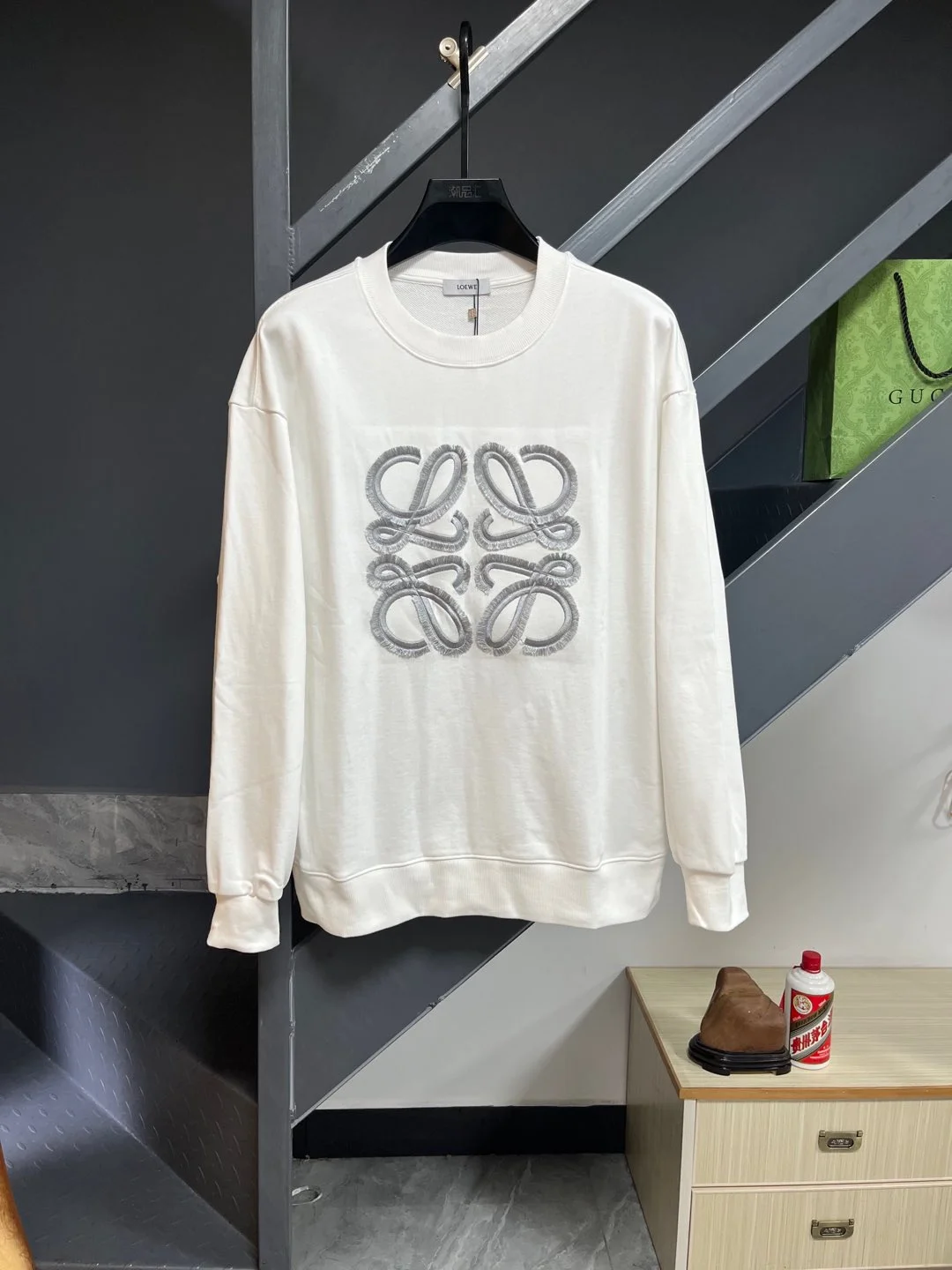 Loewe White Crew Neck Sweatshirt with Color-Block Embroidered Logo