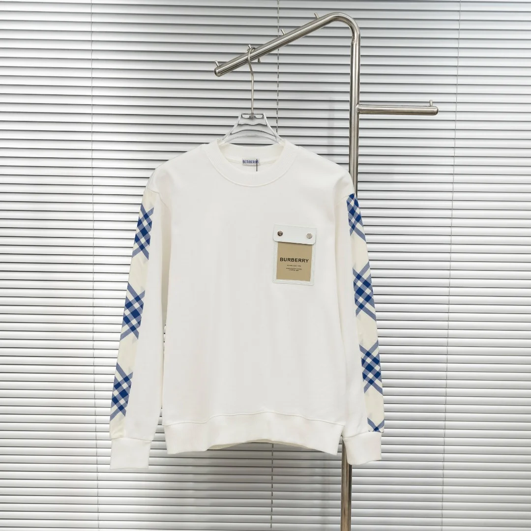 Burberry White Crew-Neck Sweatshirt with Plaid Sleeves & Pocket Label