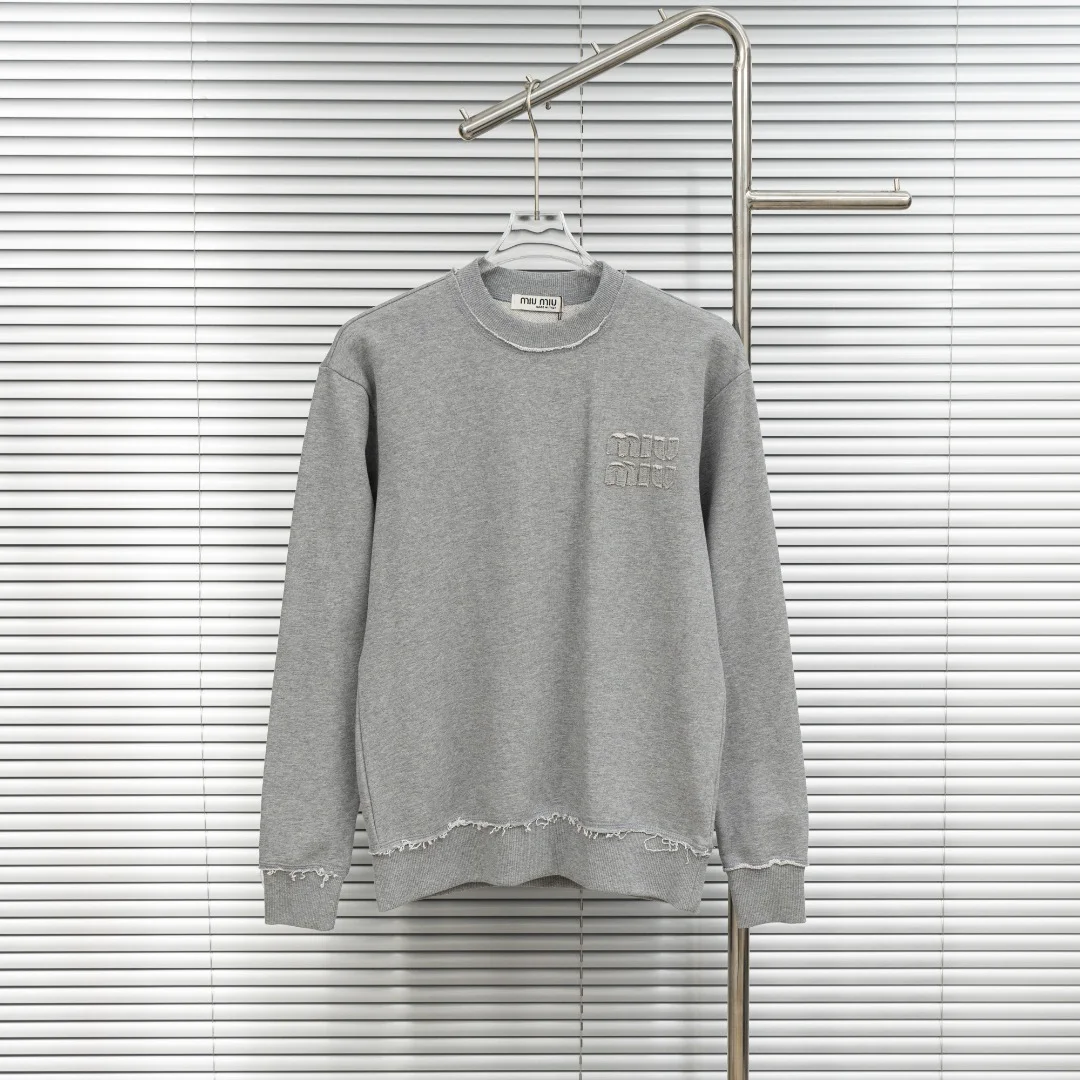 Miu Miu Gray Crew Neck Sweatshirt with 3D Patch & Distressed Hem