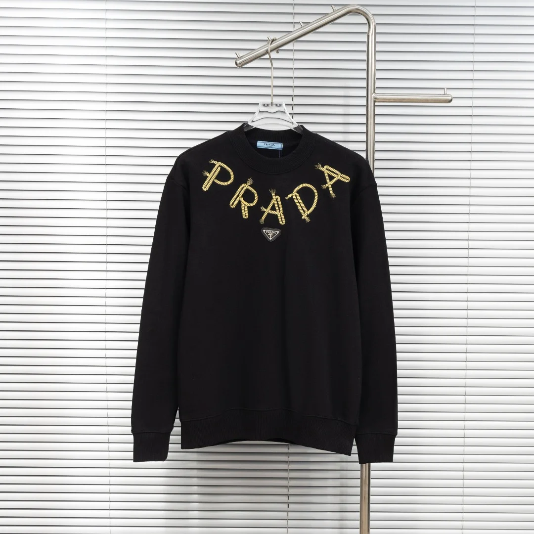 Prada Black Crew Neck Sweatshirt with Rope Embroidery
