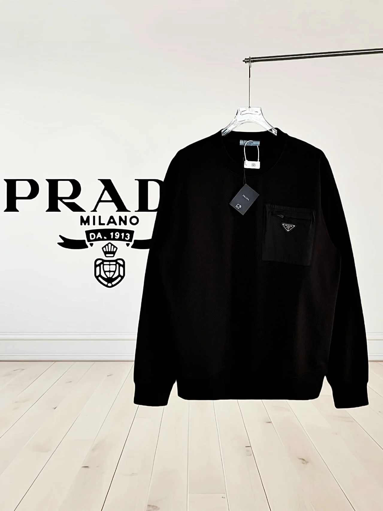 Prada Black Crew Neck Sweatshirt with Chest Zipper Triangle Logo