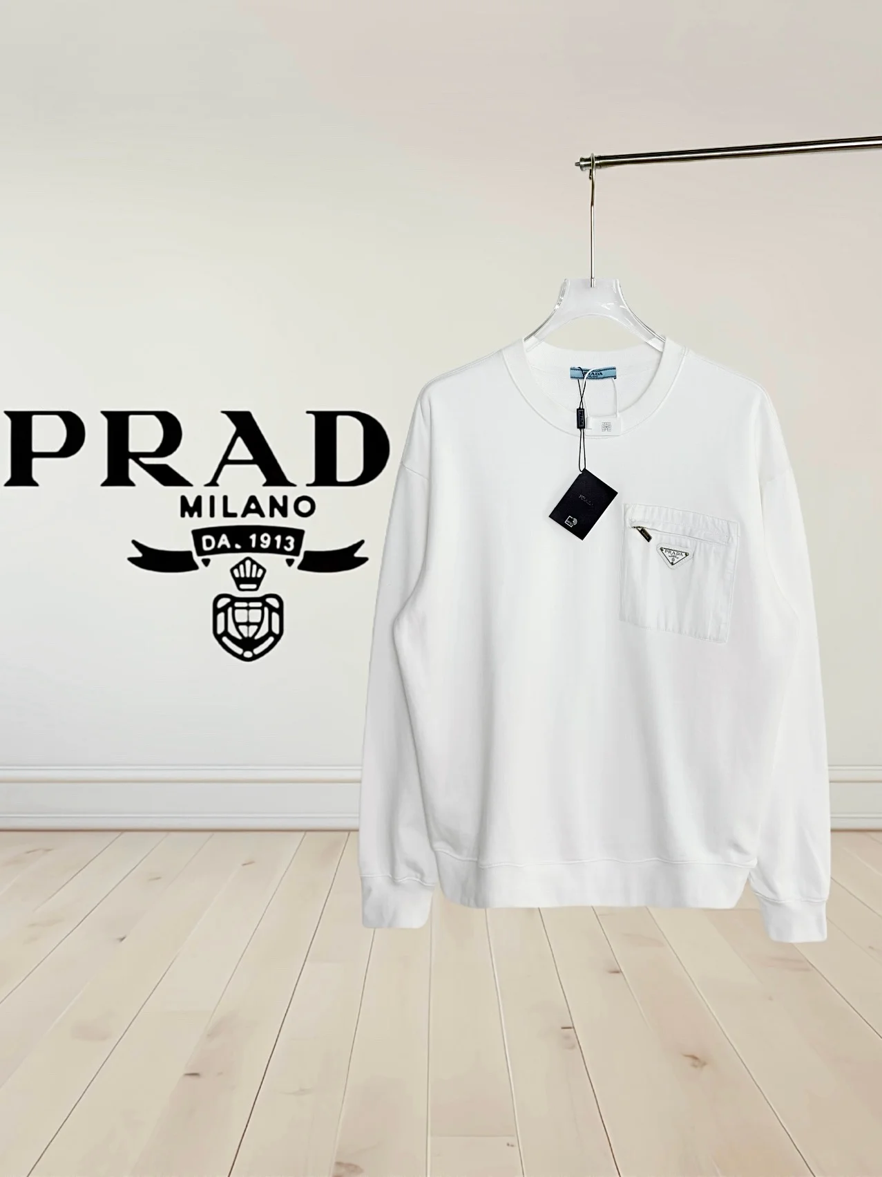 Prada White Crew-Neck Sweatshirt with Chest Zipper Triangle Logo