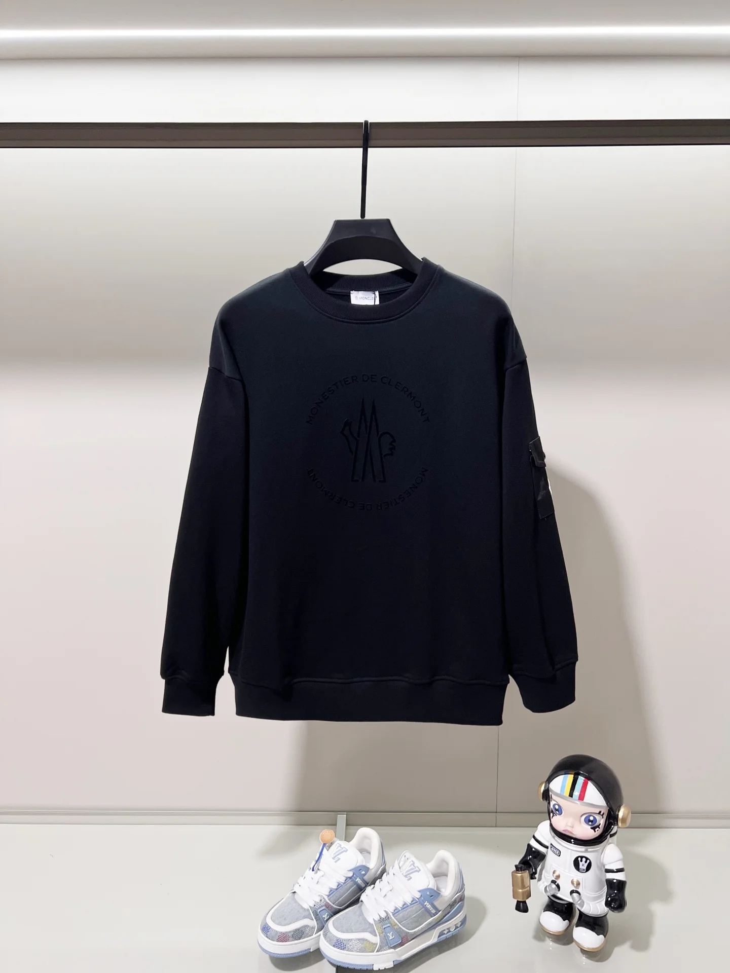 Moncler Black Crew-Neck Sweatshirt with Flocking Logo