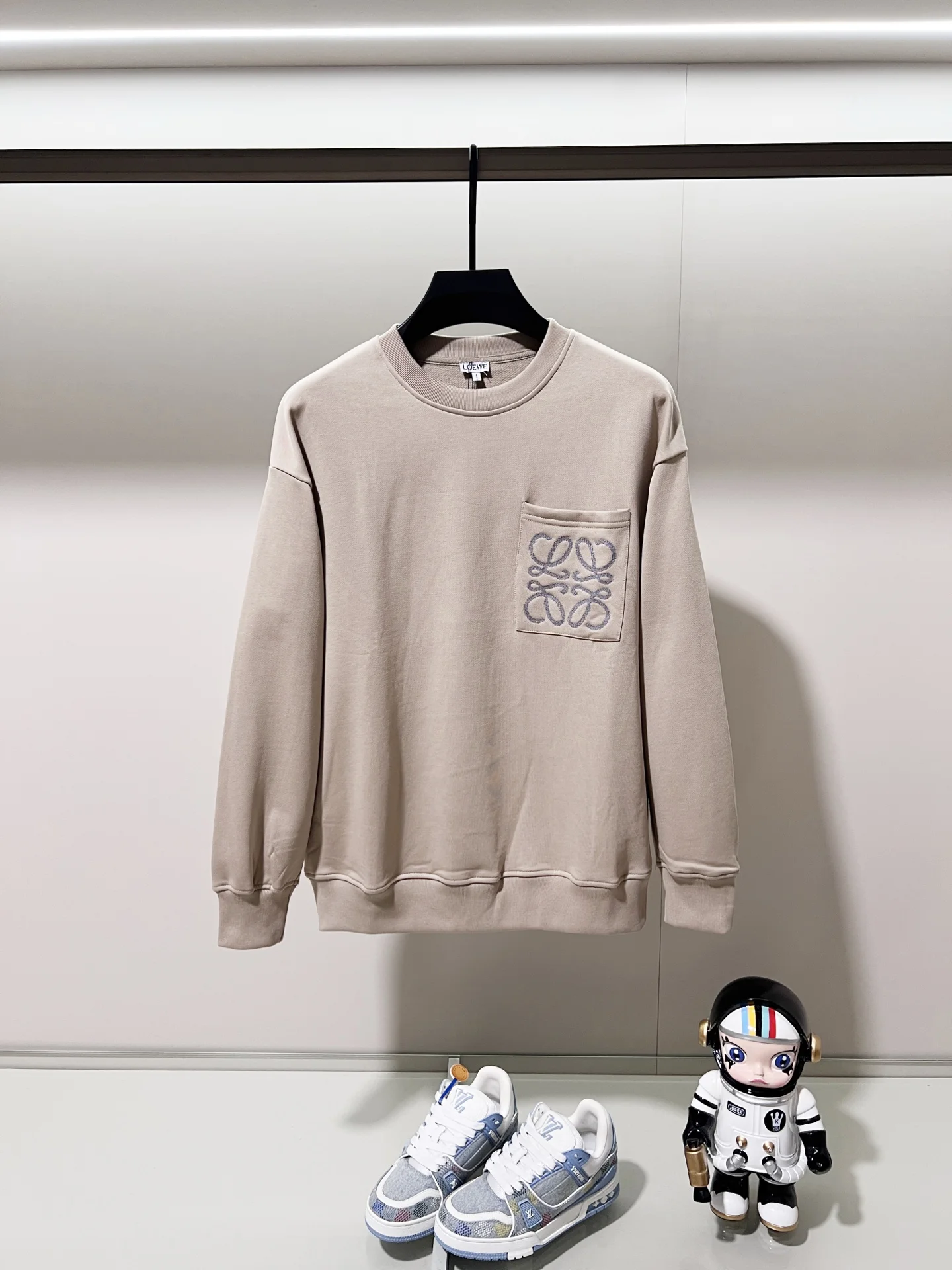 Loewe Beige Crew Neck Sweatshirt with Embroidered Totem & Big Pocket