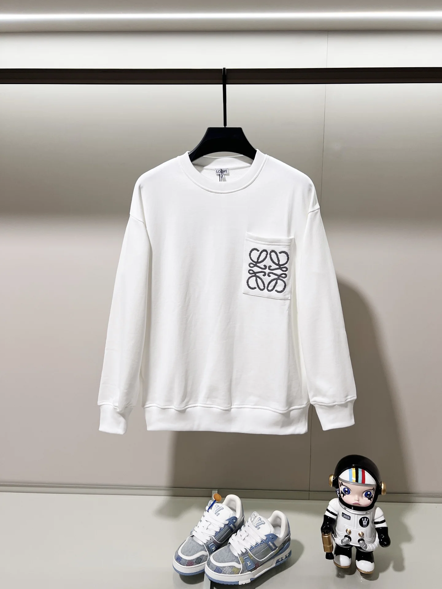 Loewe White Crew-Neck Sweatshirt with Embroidered Logo & Big Pocket