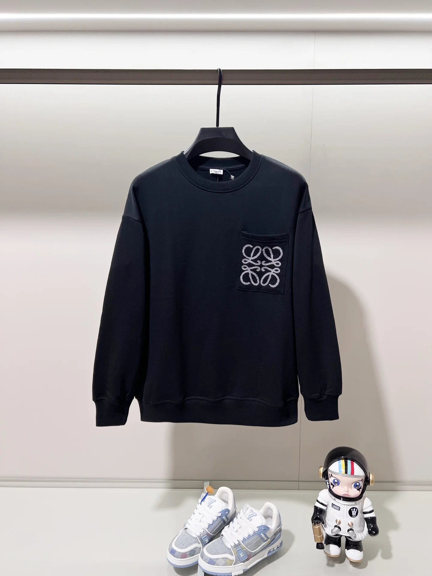 Loewe Black Crewneck Sweatshirt with Embroidered Logo & Big Pocket