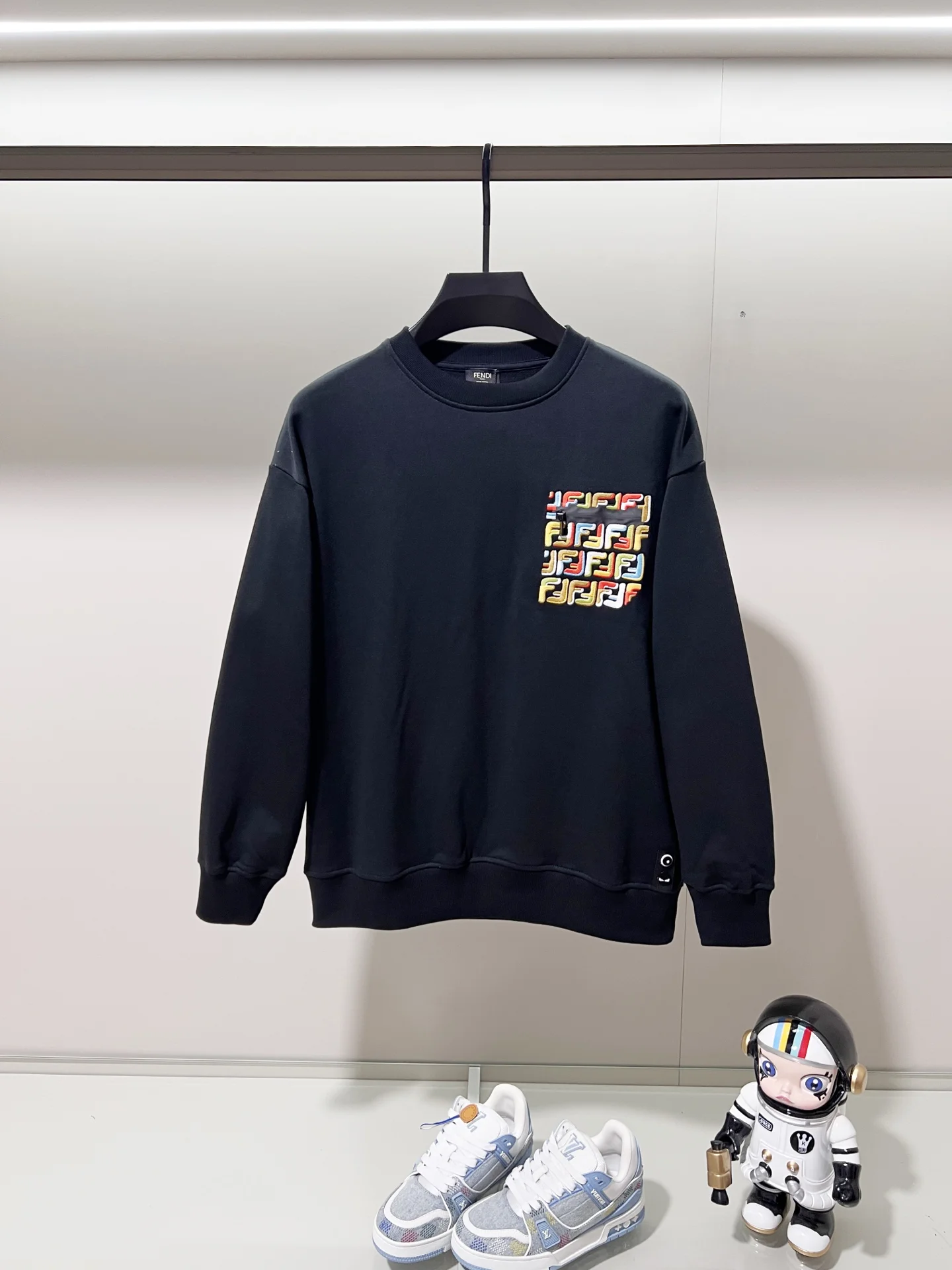 Fendi Black Crewneck Sweatshirt with Colorful FF Embroidery