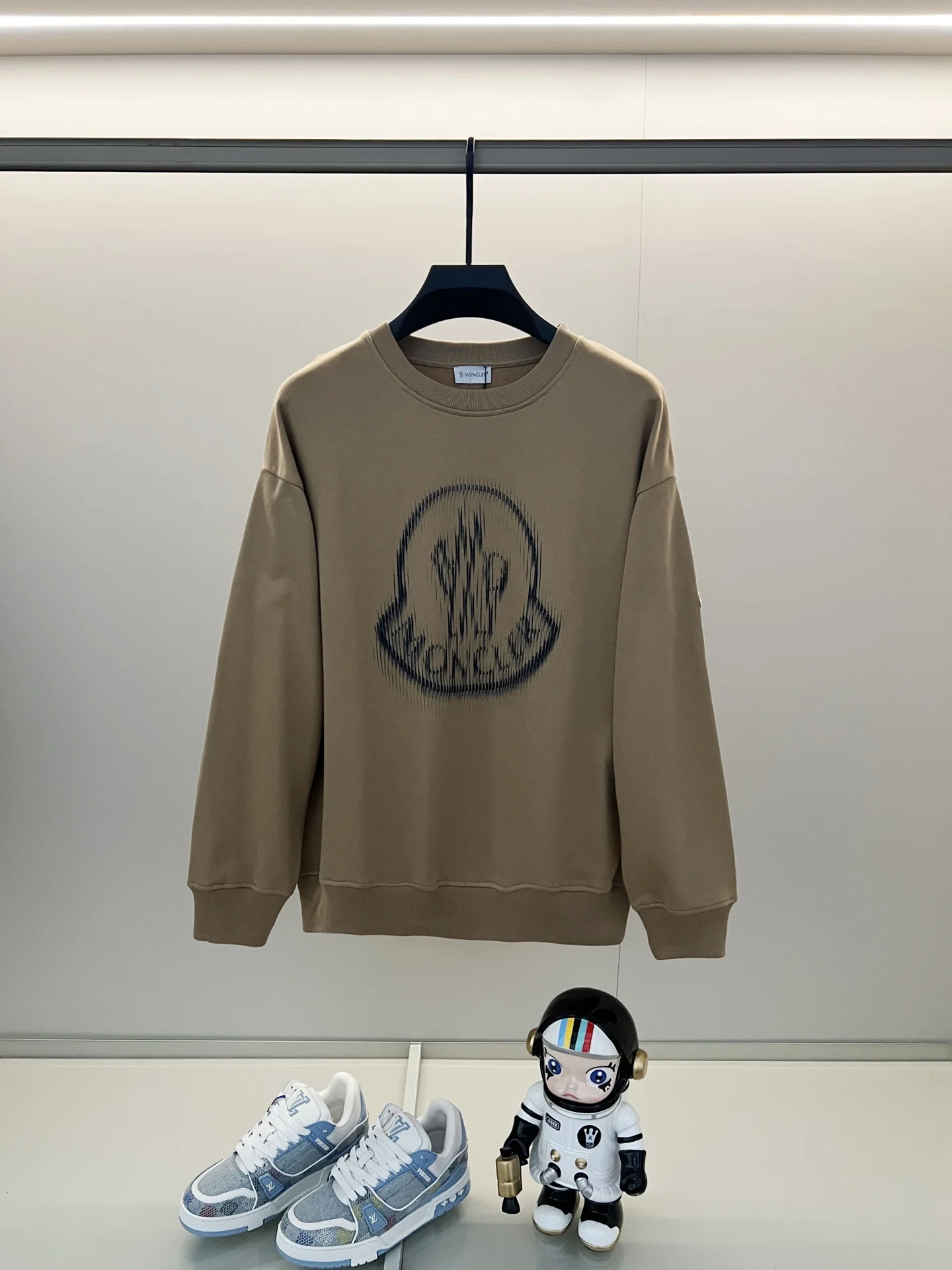 Moncler Khaki Crewneck Sweatshirt with Double-Exposure Logo
