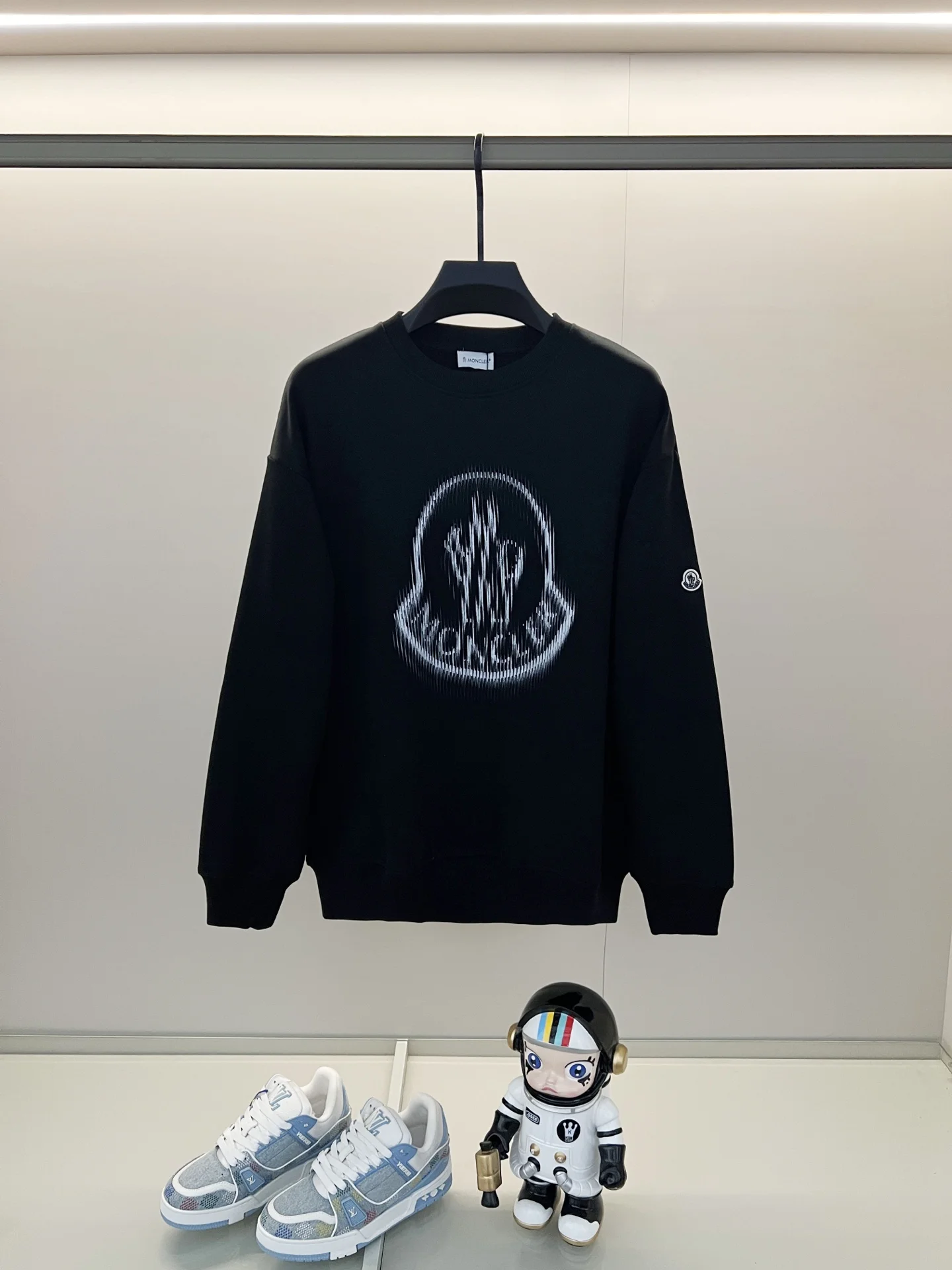 Moncler Black Crew-Neck Sweatshirt with Ghosting Logo