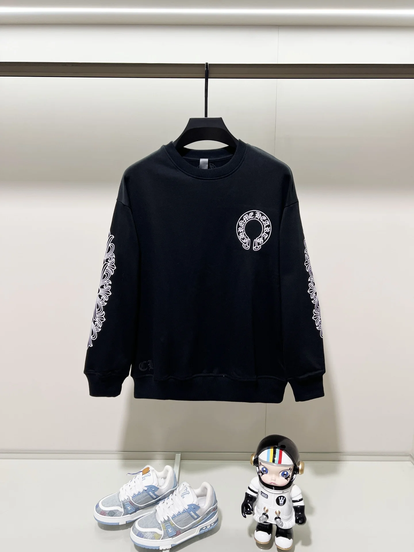 Chrome Hearts Black Crewneck Sweatshirt with Horseshoe Sanskrit Embroidery